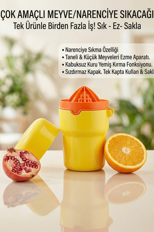 3’Ü 1 Arada Narenciye Sıkacağı | Limon Portakal Sıkma, Hazneli Saklama Kabı 400 Ml