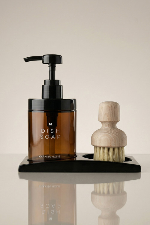 Stantlı Amber Cam Fırçalı Sabunluk Seti 220 Ml – Bulaşık Fırçalı Mutfak Lavabo Organizeri