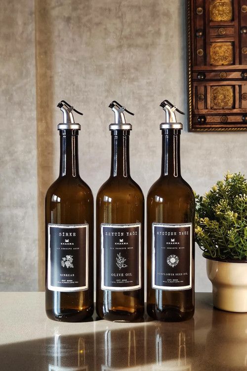 Amber Zeytinyağı Ayçiçek Yağı Sirke Şişesi Yağdanlık 3Lü Set 750Ml