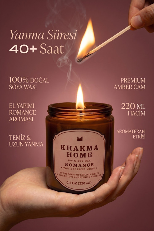 Romance - Özel Seri Kokulu Mum, Amber Cam, Uzun Yanma | %100 Soya Mum | 220 Ml