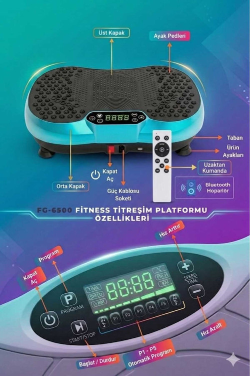 Fg-6500 Titreşimli Fitness Platformu | 99 Hız Seviyesi & Hoparlörlü Egzersiz Aleti 99 Kademe, Bluetooth Hoparlörlü Fitness Ve Yağ Yakım Destekli Spor Aleti