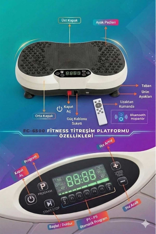 Fg-6500 Titreşimli Fitness Platformu | 99 Hız Seviyesi & Hoparlörlü Egzersiz Aleti 99 Kademe, Bluetooth Hoparlörlü Fitness Ve Yağ Yakım Destekli Spor Aleti