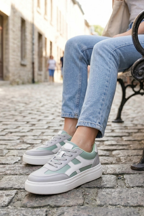 Meengi Unisex Beyaz Yeşil Detaylı Günlük Spor Ayakkabı - Sneaker