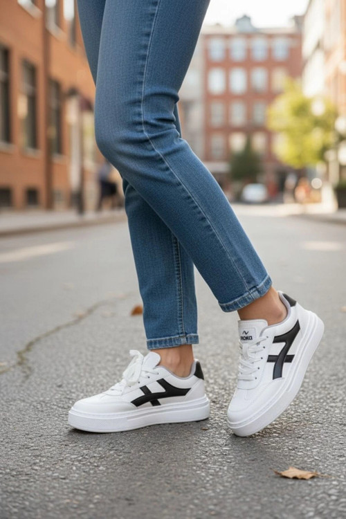 Meengi Unisex Beyaz Siyah Detaylı Günlük Spor Ayakkabı - Sneaker