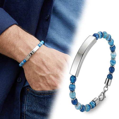 Premium Mavi Akik Beyaz İsim Yazılabilir Çelik Zincir Bileklik 31832B29D14 - 23 cm