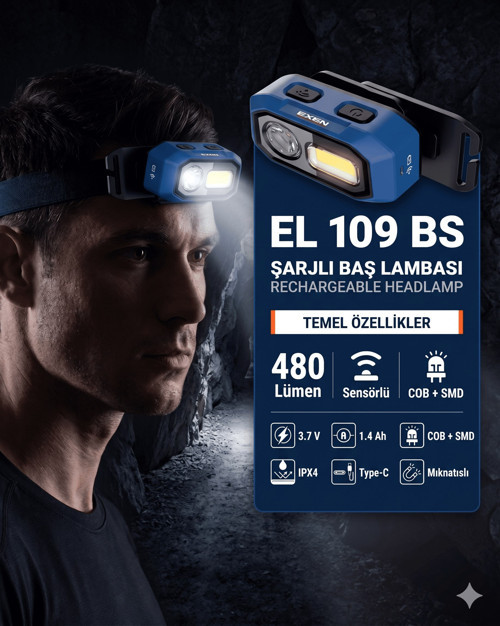 EL 109 BS - 3.7V 1.4Ah 480 Lümen Şarjlı Baş Lambası