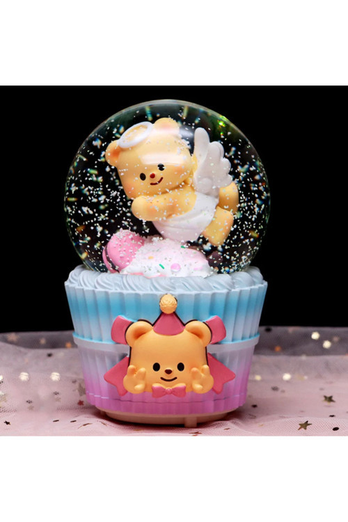 Cupcake Temalı Melek Ayıcık Temalı Işıklı Müzikli Püskürtmeli Kar Küresi Mavi