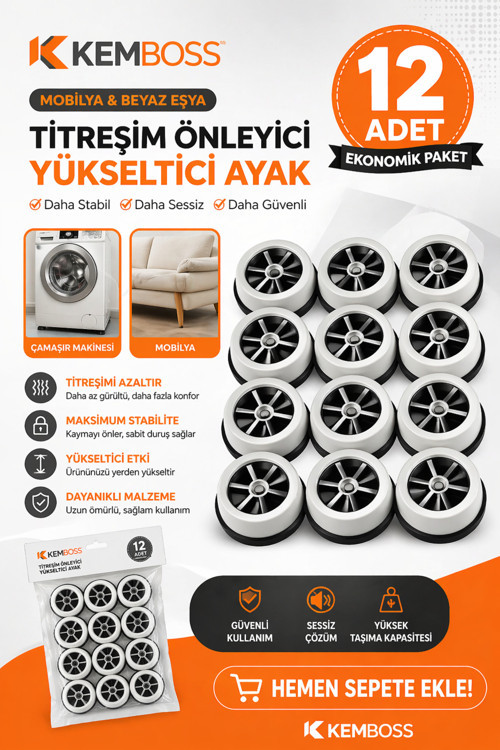 12’li Titreşim Önleyici Mobilya Yükseltici Ayak | Çamaşır Makinesi, Buzdolabı ve Koltuk Altı Kaymaz Stand