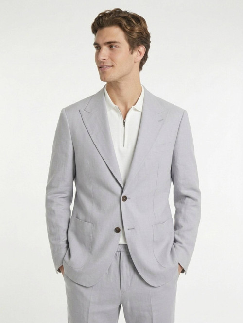 Gri Modern Fit Keten Karışımlı Takım Elbise