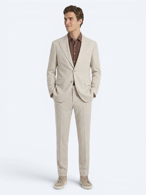 Bej Desenli Modern Fit Yün Karışımlı Takım Elbise