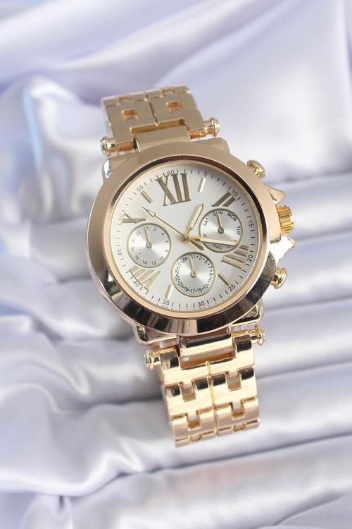 Gold Renk Metal Kordon Beyaz Kadran Roma Kamlı Analog Kadın Saat - TJ-BS3475