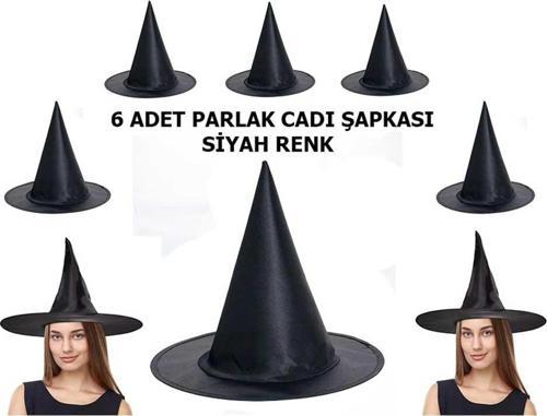 Halloween Siyah Renk Parlak Dralon Cadı Şapkası Yetişkin ve Çocuk Uyumlu 6 Adet