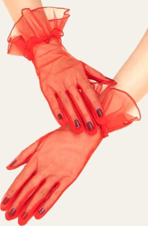 Kısa Boy Likralı Güpürlü Yetişkin Tül Eldiven Kırmızı Renk