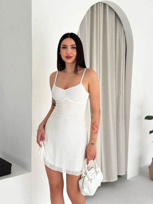 Safir Kadın Askılı Mini Elbise Drapeli Göğüs Detay Likralı Yazlık Fit - Beyaz