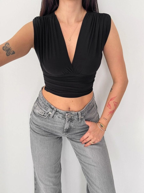 Linum Kadın Vatkalı Kolsuz V Yaka Drapeli Crop Bluz Likralı Fit - Siyah