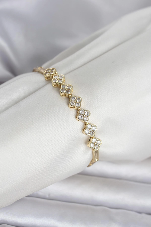 İthalat® Pirinç Gold Renk Yonca Model Zirkon Taşlı Kadın Bileklik