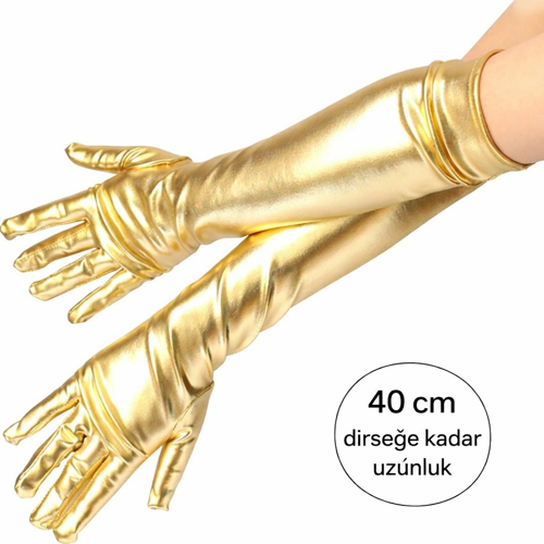 İthalat® Altın Renk Dirsek Altı Lüks Saten Eldiven 40 Cm