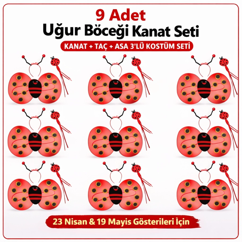 İthalat® 9’Lu Uğur Böceği Ateş Böceği Kostüm Seti – Kanat Taç Asa