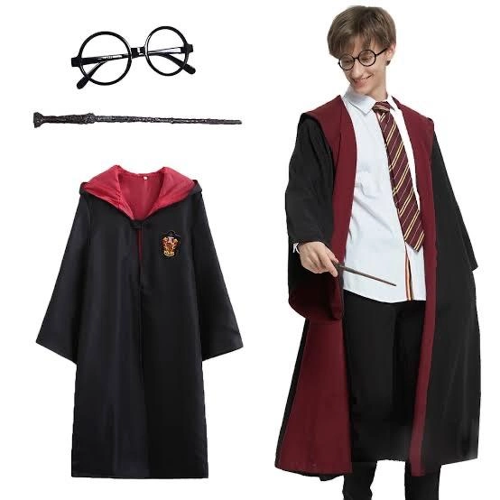 İthalat® Harry Potter Gryffindor Kapişonlu Çocuk Kostüm + Asa + Gözlük Seti 7-8 Yaş