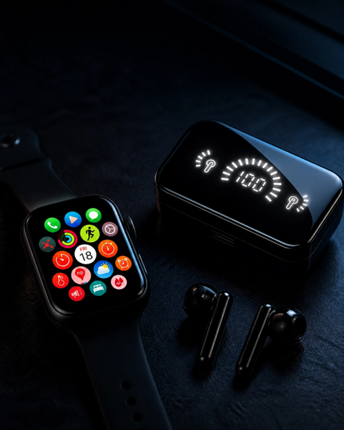 İthalat® Şık Tasarımlı Akıllı Saat Bluetooth Kulaklık Seti Suya Dayanıklı Çok Fonksiyonlu