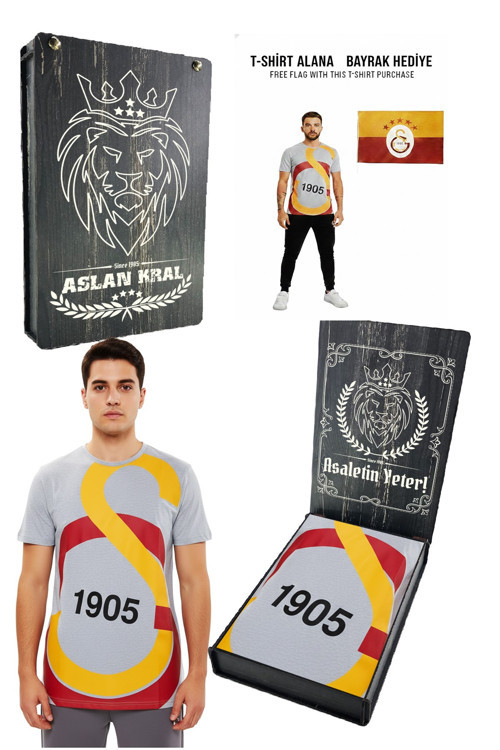 Galatasaray Büyük Logolu Tee Gri T-shirt Bayrak ve Lazer Kutu Hediyeli