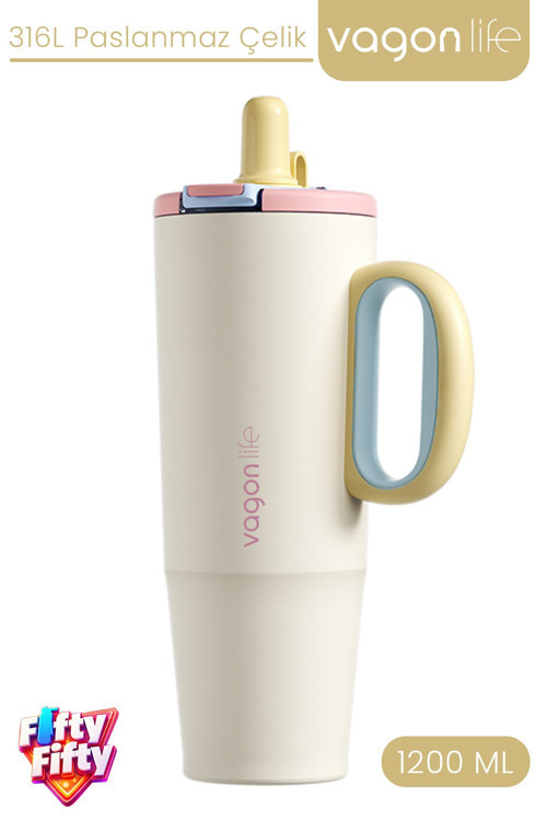 Tumbler 1200 ML Tek Kapak Çift Kullanım Pipetli Rahat İçim Kulplu Paslanmaz Çelik TermosFFVGN1114-1200ML