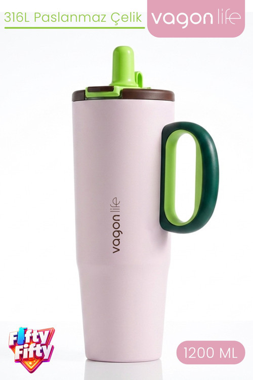 Tumbler 1200 ML Tek Kapak Çift Kullanım Pipetli Rahat İçim Kulplu Paslanmaz Çelik TermosFFVGN1114-1200ML