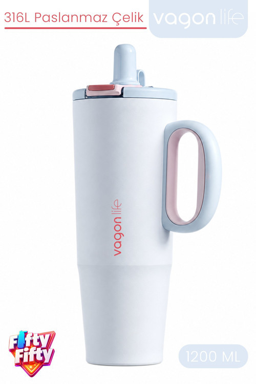 Tumbler 1200 ML Tek Kapak Çift Kullanım Pipetli Rahat İçim Kulplu Paslanmaz Çelik TermosFFVGN1114-1200ML