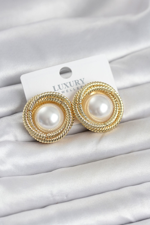 Pirinç Gold Renk Sarmal Model İncili Kadın Küpe - EBJ260509W42055