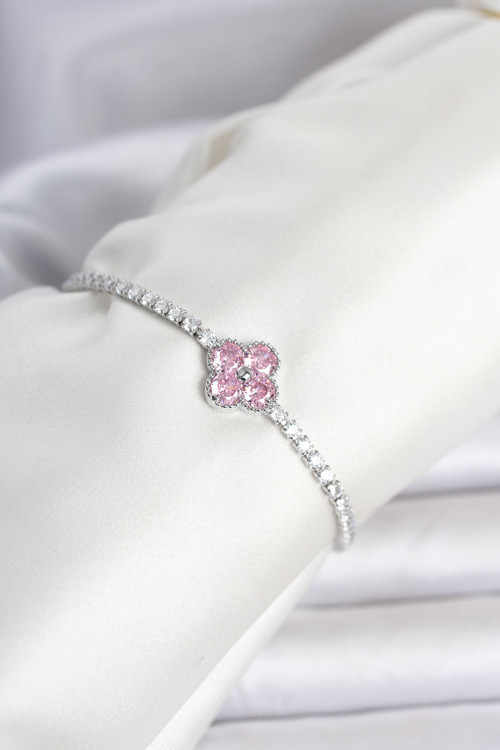 Pirinç Gümüş Renk Pembe Zirkon Taşlı Yonca Model Su Yolu Kadın Bileklik - EBJ260509W42097