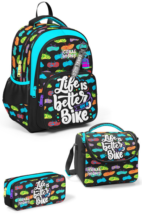 Kids Siyah Renkli Bisiklet Desenli 3'lü Okul Çanta Seti SET0133243