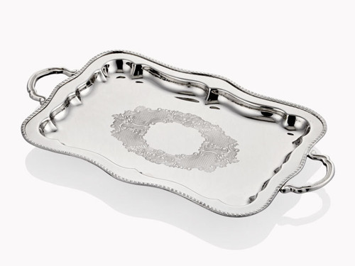 Engrave Border Dikdörtgen Gümüş Kaplama Sunum Tepsisi - 39x20x2 cm