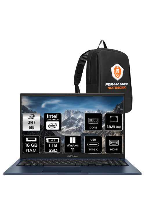 VivoBook 15 Intel Core 7 150U 16GB 1TB SSD 15.6" FHD W11H Taşınabilir Bilgisayar & PER4 Çanta