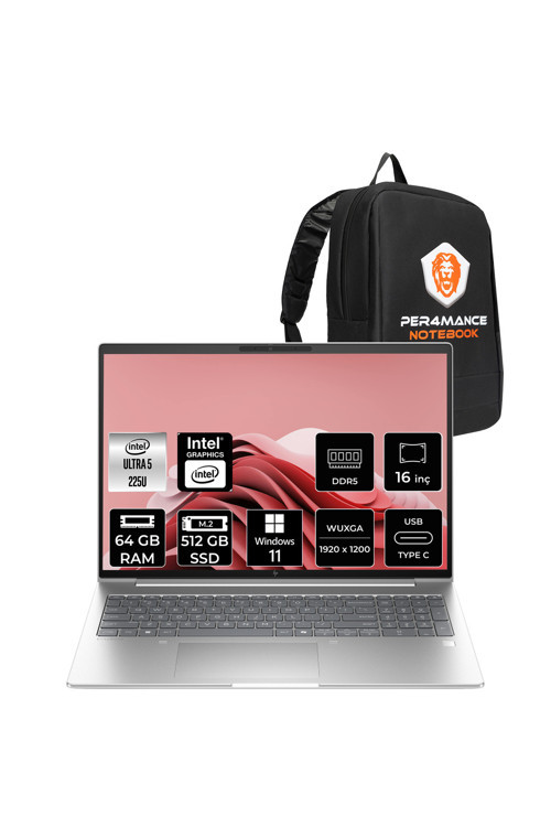 EliteBook 6 G1i Ultra 5 225U 64GB 512GB SSD Intel Graphics 16" WUXGA W11P Notebook & PER4 Çanta