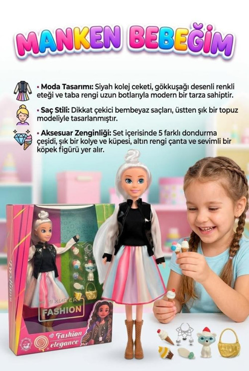 Kolej Ceketli Manken Bebek Seti - Gökkuşağı Eteklli Dondurma Aksesuarlı ve Evcil Hayvanlı Oyuncak Moda Bebeği
