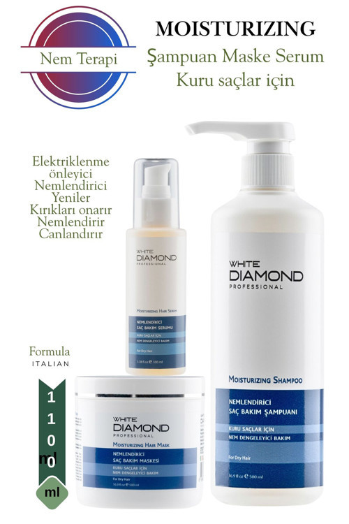 White Diamond Kuru Ve Yıpranmış Saçlar Için Nem Terapi Saç Bakım Seti Şampuan, Serum, Maske