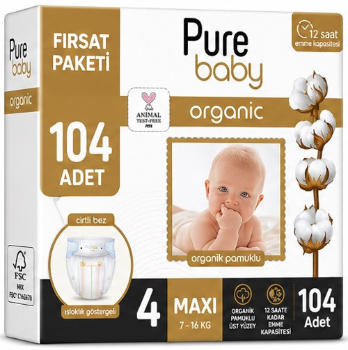 Organik Bebek Bezi 4 Beden 7-16 KG Maxi 104 Adet Ekonomik Fırsat Pk