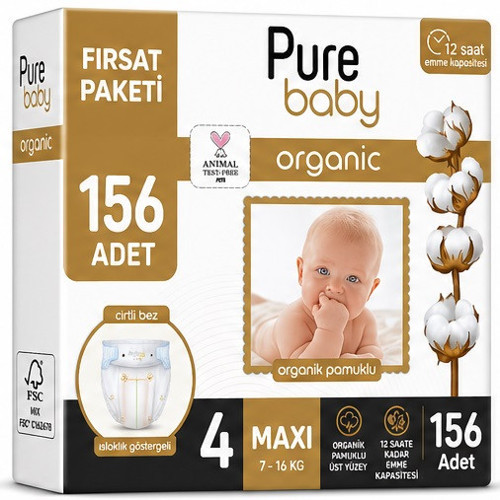Organik Bebek Bezi 4 Beden 7-16 KG Maxi 156 Adet Aylık Fırsat Pk