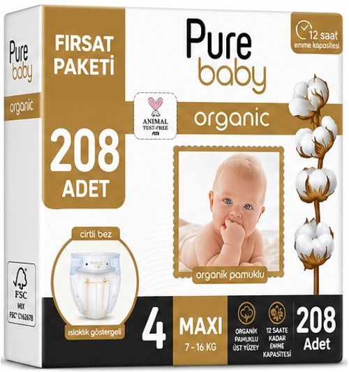 Organik Bebek Bezi 4 Beden 7-16 KG Maxi 208 Adet Avantaj Fırsat Pk