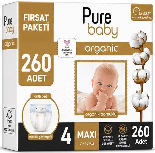 Organik Bebek Bezi 4 Beden 7-16 KG Maxi 260 Adet Mega Fırsat Pk