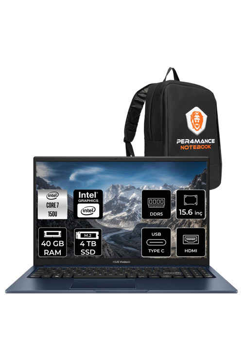 VivoBook 15 Intel Core 7 150U 40GB 4TB SSD 15.6" FHD FDOS Taşınabilir Bilgisayar & PER4 Çanta