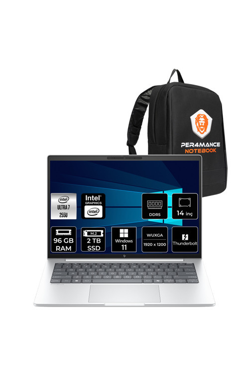 EliteBook 8 G1i Ultra 7 255U 96GB 2TB SSD Intel Graphics 14" WUXGA W11H Notebook & PER4 Çanta