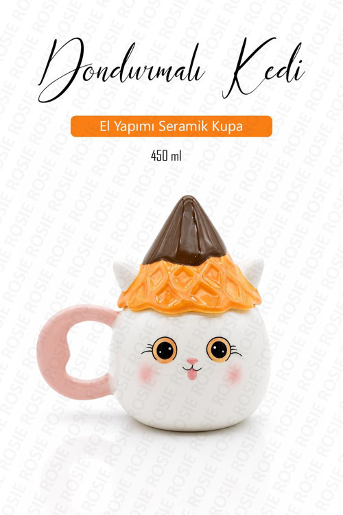 Şapkalı Kedi Figürlü Dolomite Kupa, El Yapımı 450 ML Kapaklı Mug