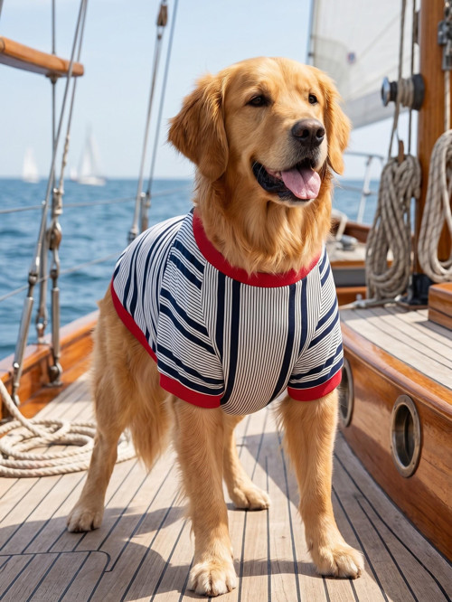 Yacht Club Marin Çizgili Orta ve Büyük Irk Köpek Tişörtü | Lacivert Kırmızı Yazlık Köpek Kıyafeti