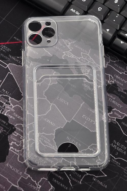iPhone 11 Pro Max Uyumlu Kredi Kartlıklı Şeffaf Kılıf Kamera Korumalı