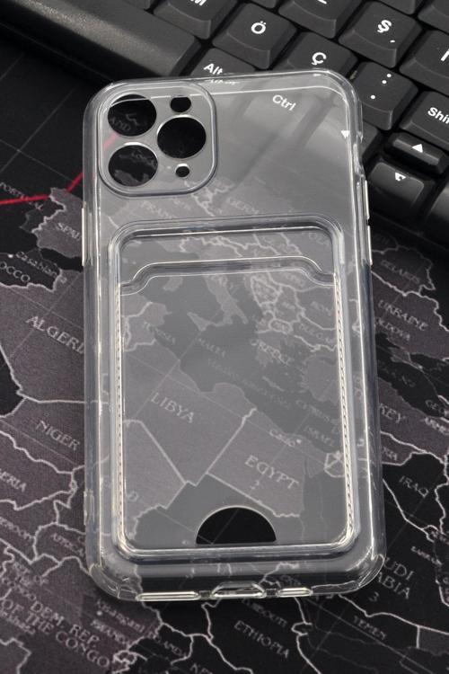 iPhone 11 Pro Uyumlu Kredi Kartlıklı Şeffaf Kılıf Kamera Korumalı
