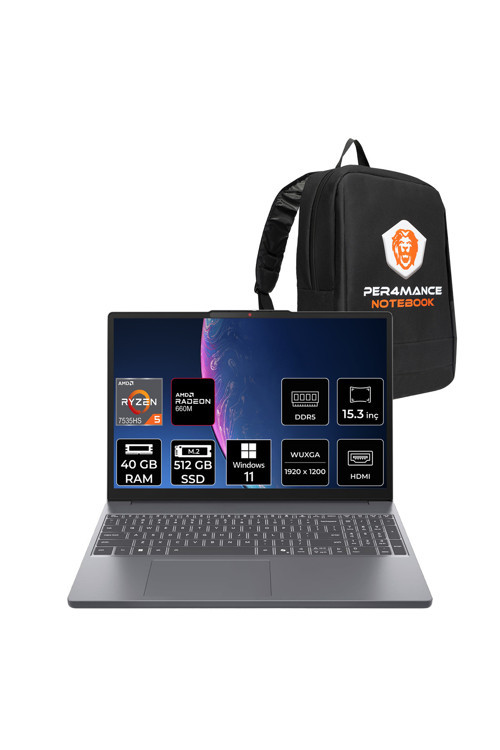 IdeaPad Slim 3 Ryzen 5 7535HS 40GB 512GB SSD 15.3" WUXGA W11H Dizüstü Bilgisayar & PER4 Çanta