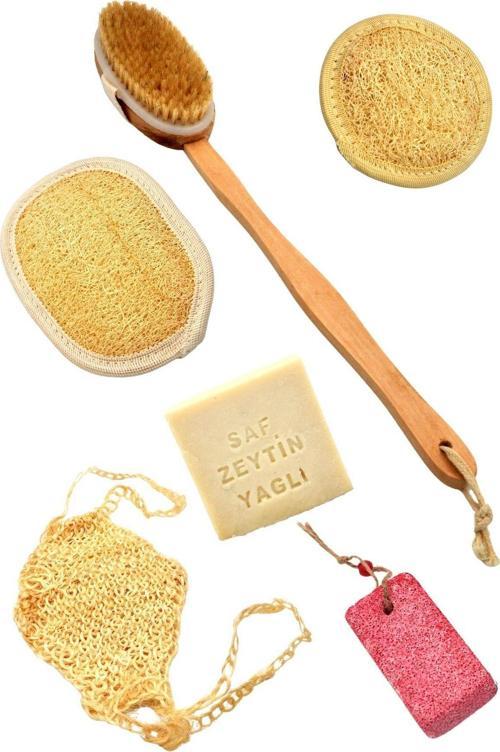 6'lı Banyo Seti Doğal Kabak Lifi + Zeytinyağlı Sabun +At Kılı Masaj Fırçası + Topuk Taşı