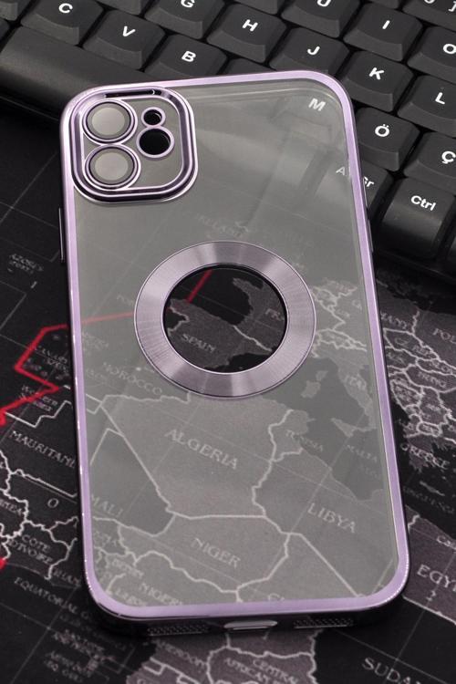 iPhone 11 Uyumlu Mor Renkli Kenarlı Lazerli Şeffaf Kılıf Lens Korumalı