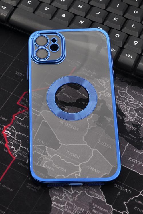 iPhone 11 Uyumlu Saks Mavi Renkli Kenarlı Lazerli Şeffaf Kılıf Lens Korumalı